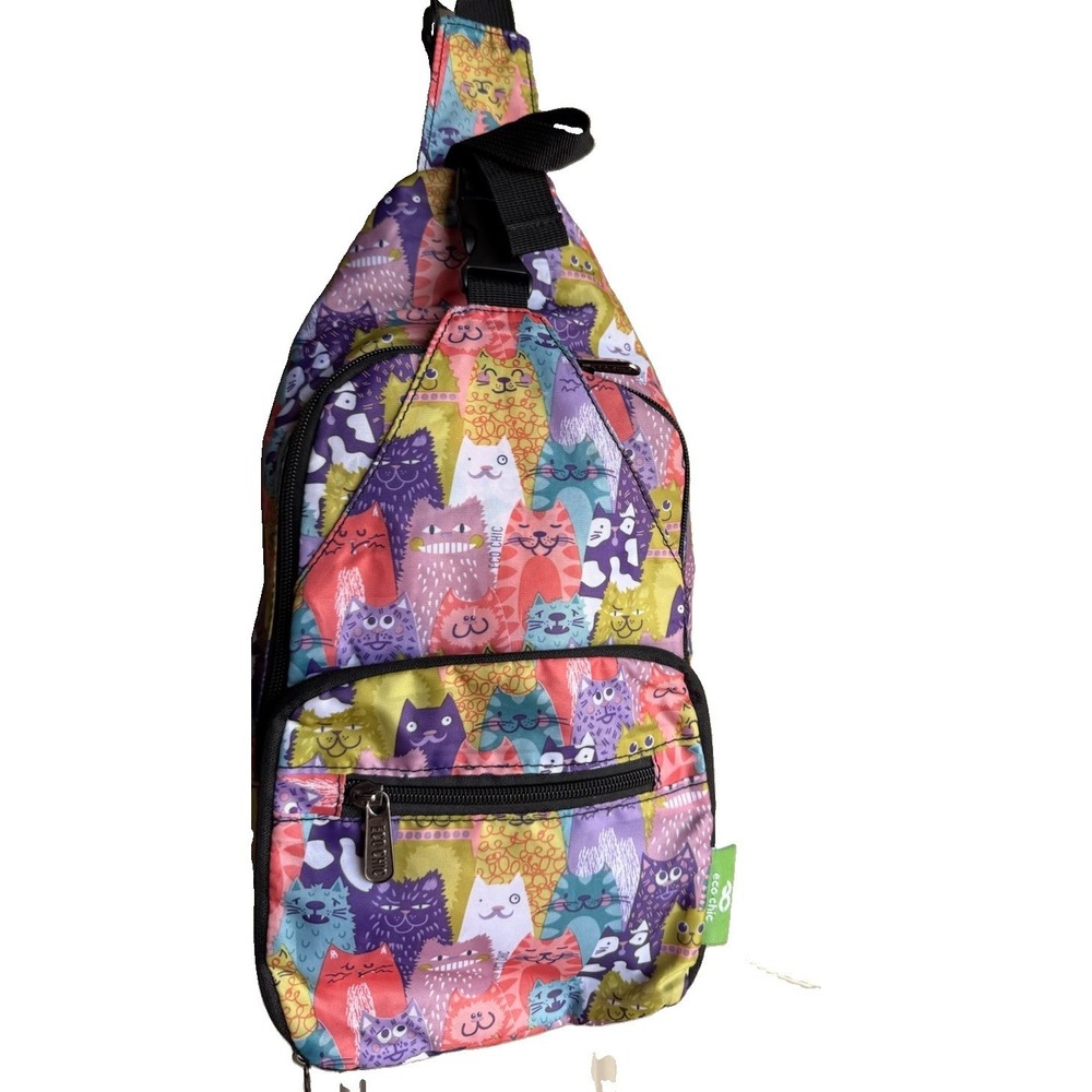 ECO CHIC Cat's Meow Print Lightweight Nylon Crossbody Sling Bag - Multicolor‎